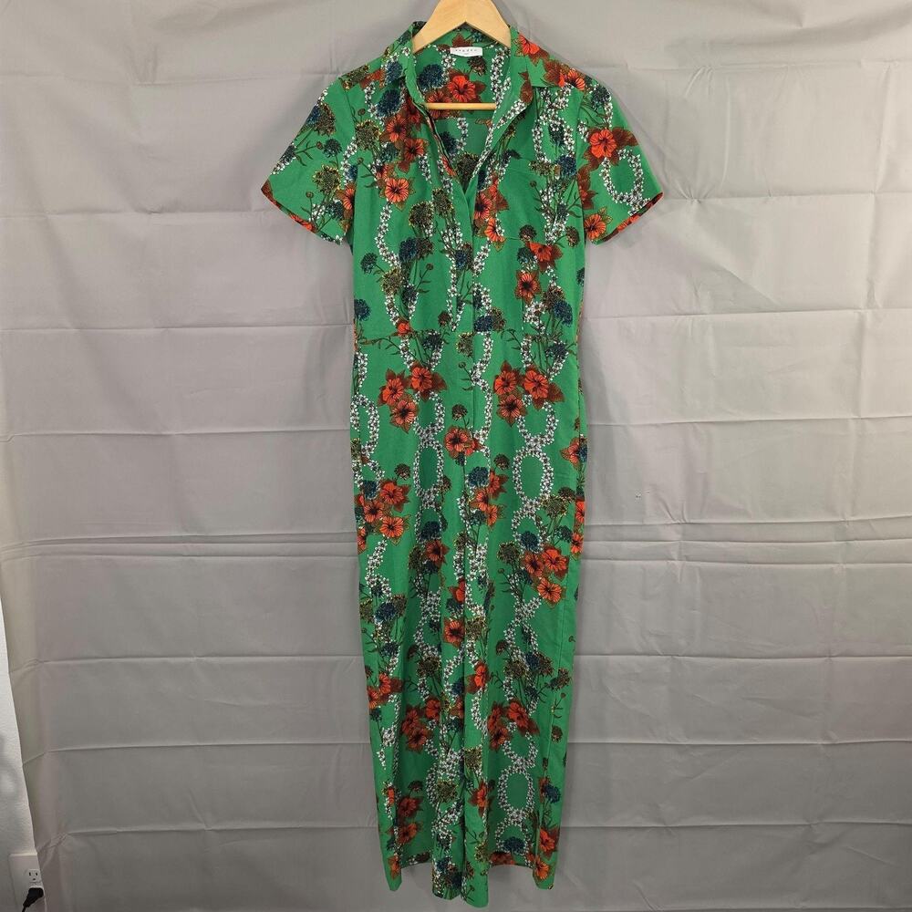 Sandro Jumpsuit 36 Green Floral Short Sleeve Button Front Relaxed Chic Casual